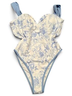 Womens White and Light Blue Floral One-Piece Swimsuit